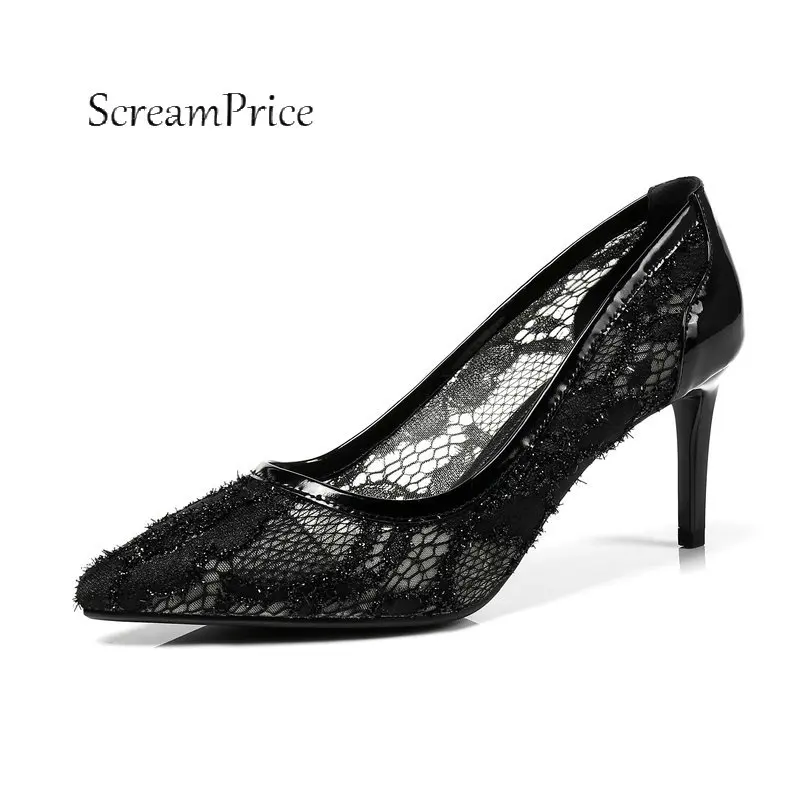 

Sexy Lace Thin High Heel Pointed Toe Slip On Lazy Shoes Fashion Mesh Shallow Party Women Pumps Black Blue Pink Green