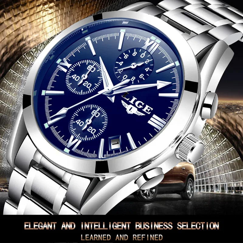

LIGE Top Brand Luxury Quartz Sport Style Mens Watches Waterproof Stainless Steel Strap Chronograph Blue Dial Date reloj hombre
