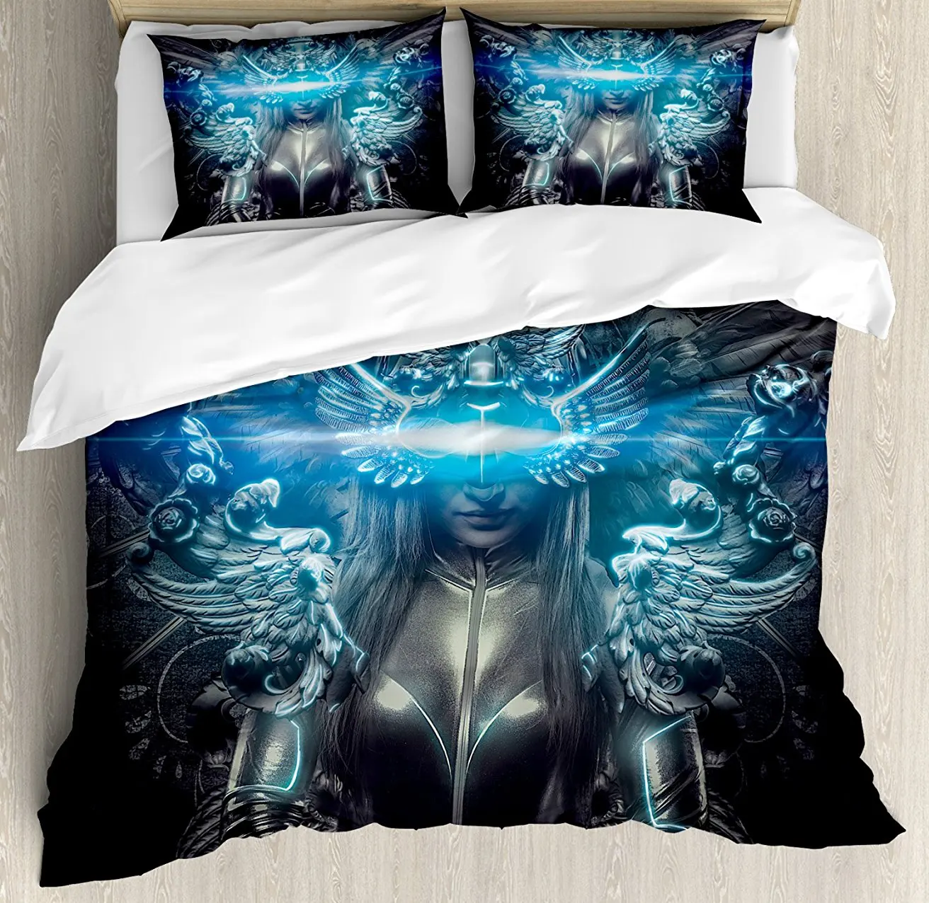 

Duvet Cover Set , Princess in Royal Gothic Silver Dress Futuristic Female Figure Fairy Muse Image, 4 Piece Bedding Set Grey