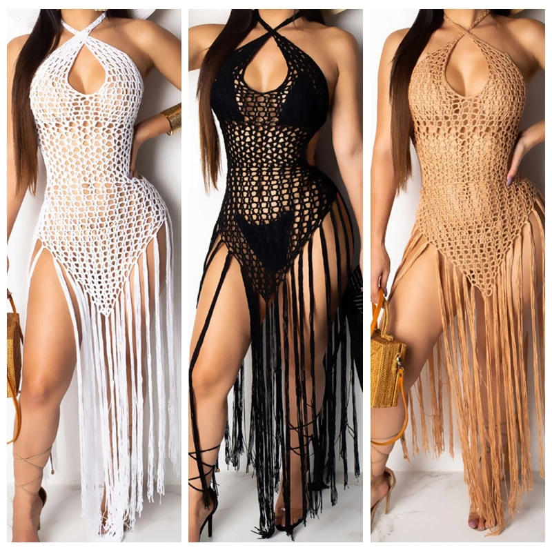 Günstig 2019 sommer Häkeln aushöhlen quaste Strand Cover up kleid sexy frauen bikini badeanzug Abdeckung ups badeanzug Cover up robe Plage