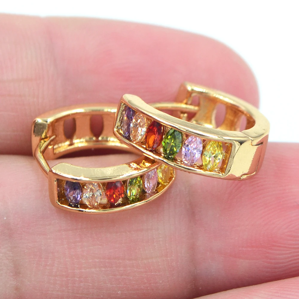 

AAA+ Cubic Zirconia Gold Color Fashion Women Multi-Color Rainbow CZ Huggie Hoop Earrings Jewelry