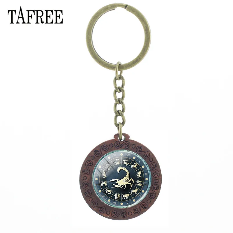 

TAFREE Round Wooden Twelve constellations Key Chain Aquarius Pisces Aries Taurus Gemini Image Cabochon Wood Keychains D1169