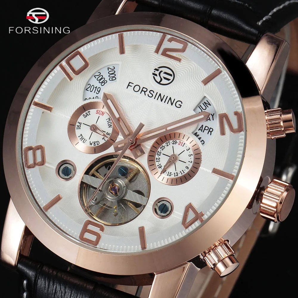 FORSINING Tourbillon, мужские часы, Топ бренд, Роскошные автоматические часы, золотой чехол, мужские часы с календарем, черные механические часы