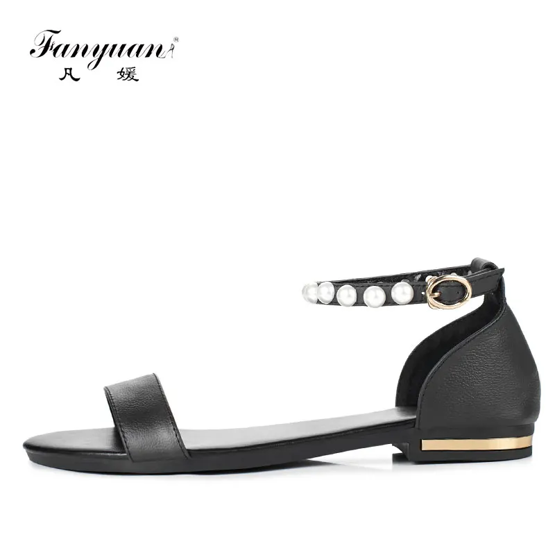 

Fanyuan 2017 Genuine Leather Sweet Pearl Women Flats sandals Shoes woman Plus size 33-43 Casual Beading knot Black Summer Sandal
