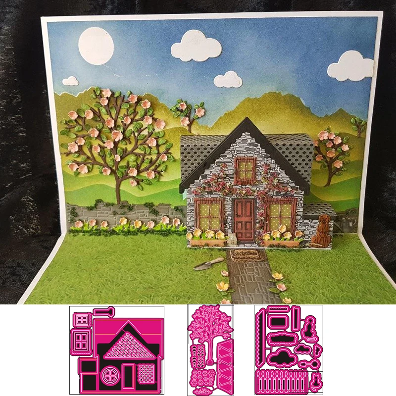 

Retro House Flowering Tree 3D Metal Cutting Dies for Scrapbooking 2019 Paper Craft Embossing Die Card Making Stencils