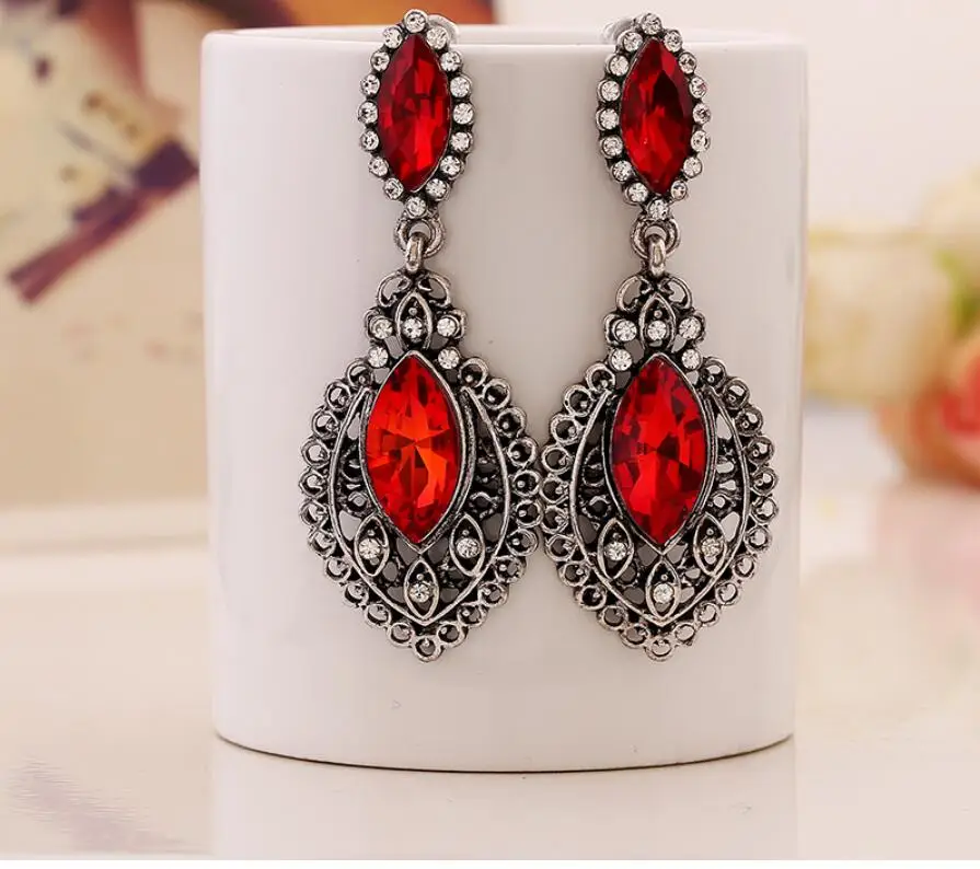 

fashion antique silver metal water drop red crystal stone pendant women drop earrings one pair xye273