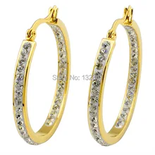 Пара желтых золотых женских сережек из нержавеющей стали, инкрустация кристаллами