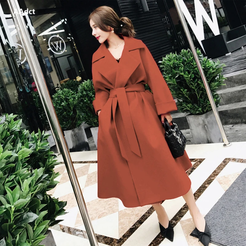 AAdct 2018 Autumn and winter new Korean women's coat long lapels female blends coat waist waist coat to send belt Coats