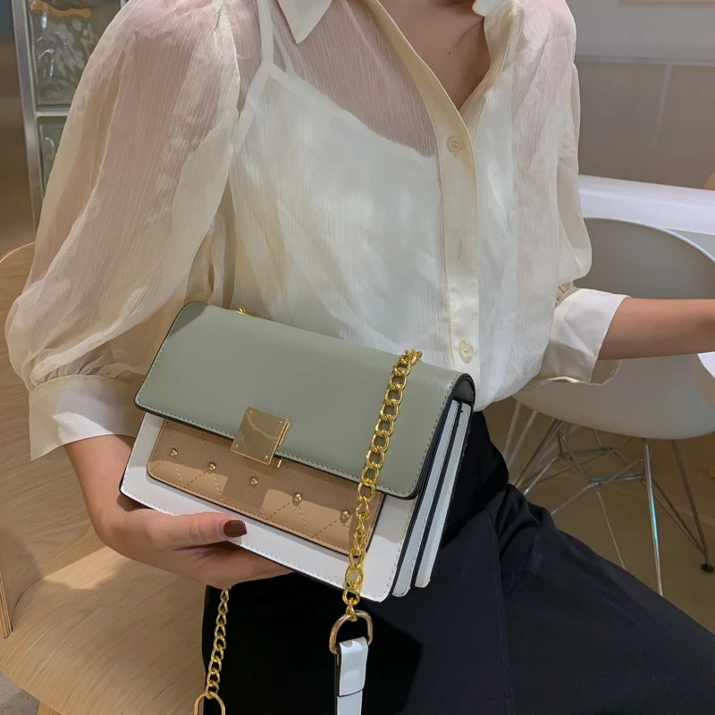 

Luxury Handbags Women Bags Designer Rivet Chain Bag Women Vintage Contrast color Crossbody Bags For Women 2019 bolsa feminina