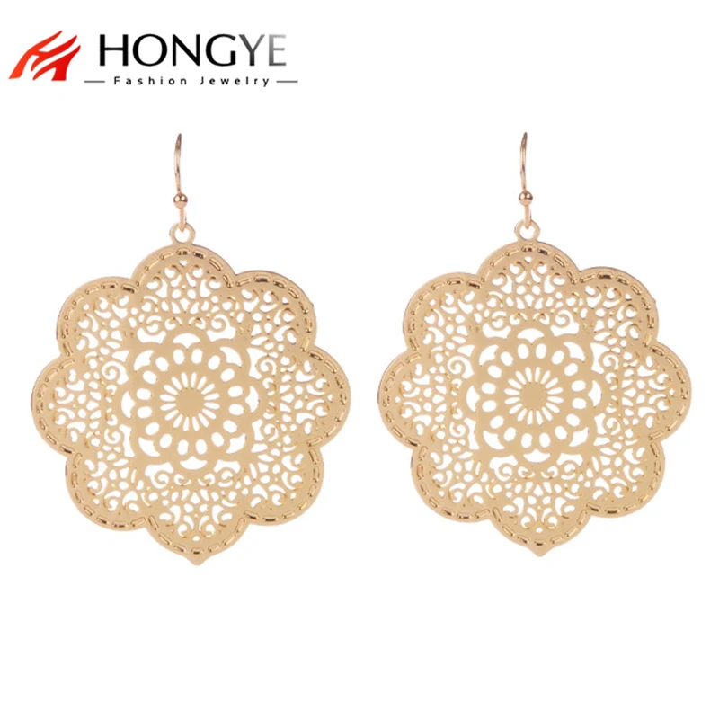 

New Gold-Color Round Exaggerated Earrings Flower Hollow Statement Dangle Earrings for Women Bijoux Pendientes