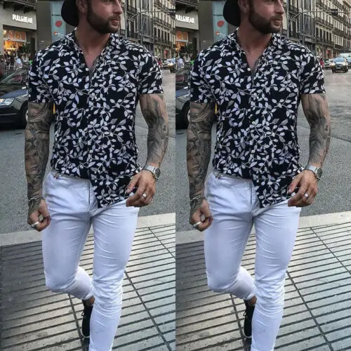 Men Hawaiian Shirt Beach Flower Party Summer Holiday Fancy Tops Short Sleeve Tee