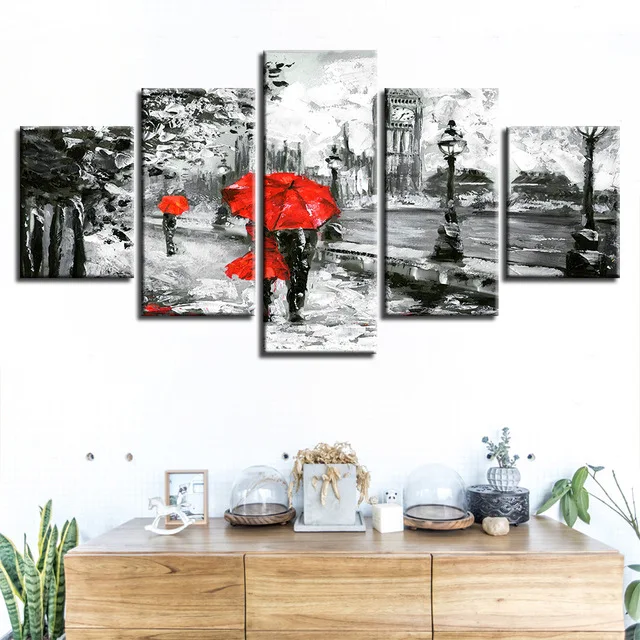 Canvas-Painting-Wall-Art-Prints-5-Pieces-Red-Umbrella-Lover-Poster-London-Street-Rain-View-Pictures.jpg_640x640