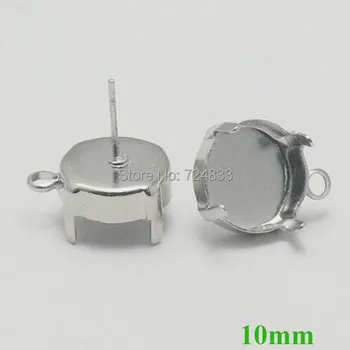 

Blank Earrings Bases 10mm Round Deep Wall cups 4 Prongs Pins Bezel w/ a Loop Stud Earrings post Settings Findings Silver tone
