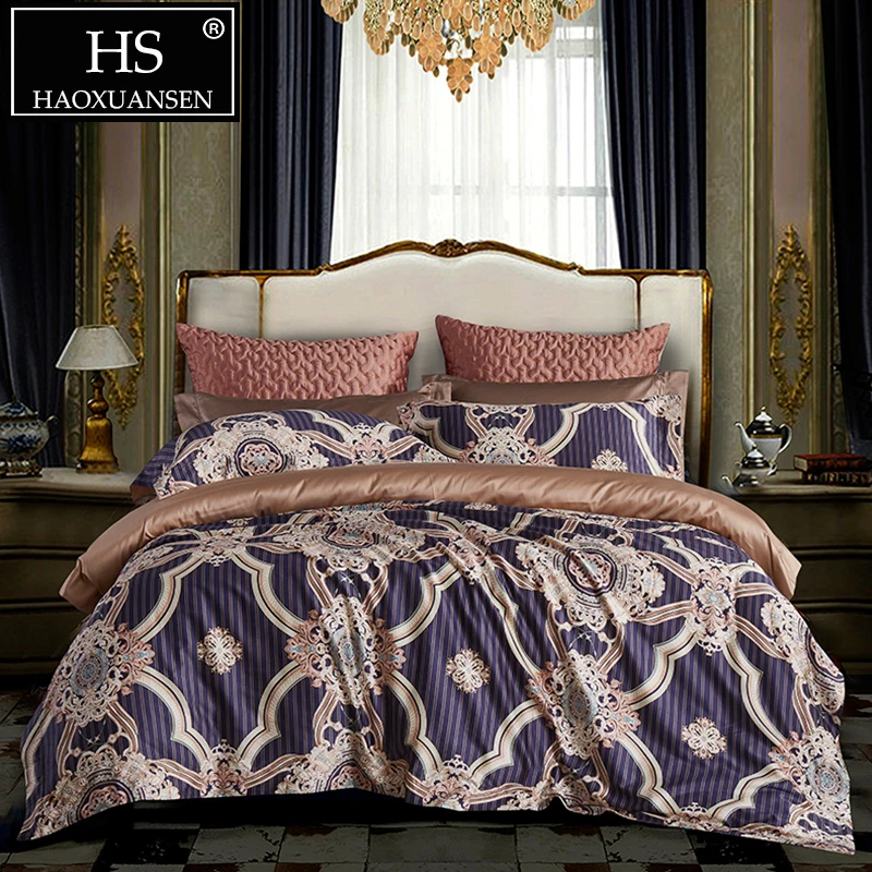 

HS Rococo Style Paisley and Striped Pattern 100S Reactive Print 4pcs Bedding Sets 100% Cotton Duvet Cover Bed Sheet Queen King