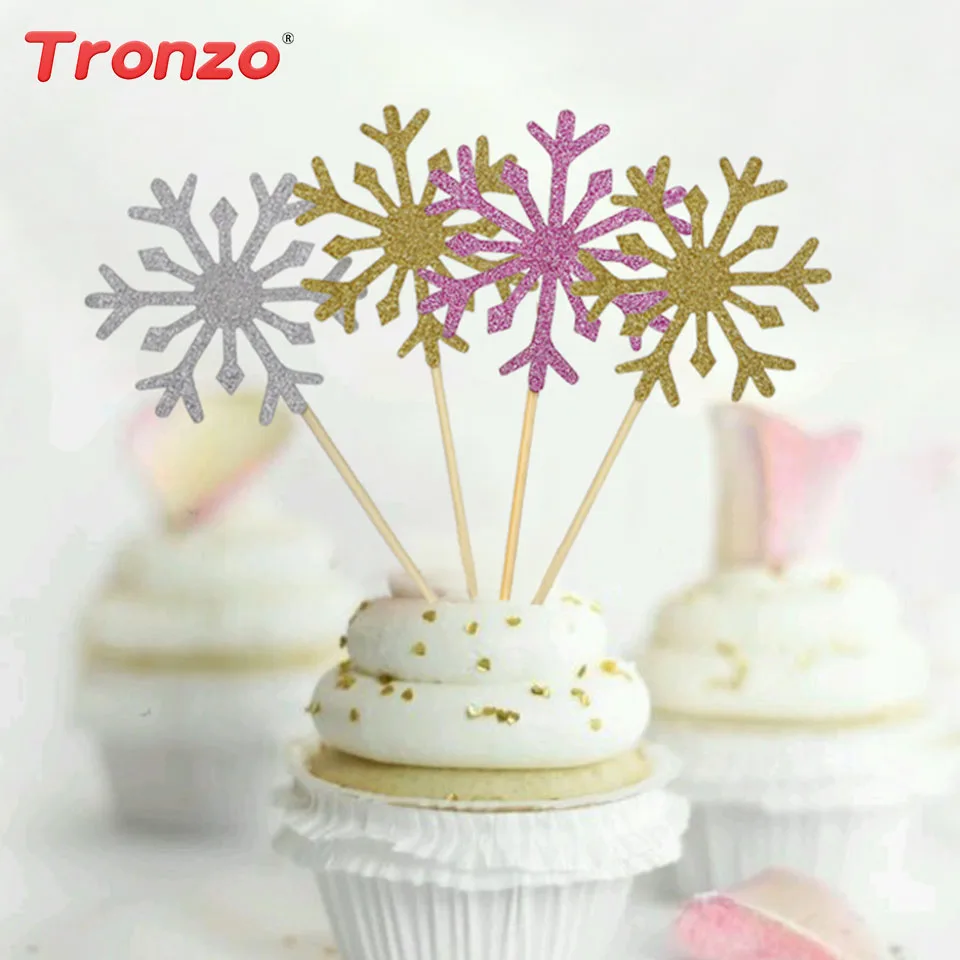 

Tronzo 10pcs/lot Cupcake Toppers Happy Birthday Party Cake Decoration Glitter Gold Frozen Snowflake Toppers For Wedding Supplies