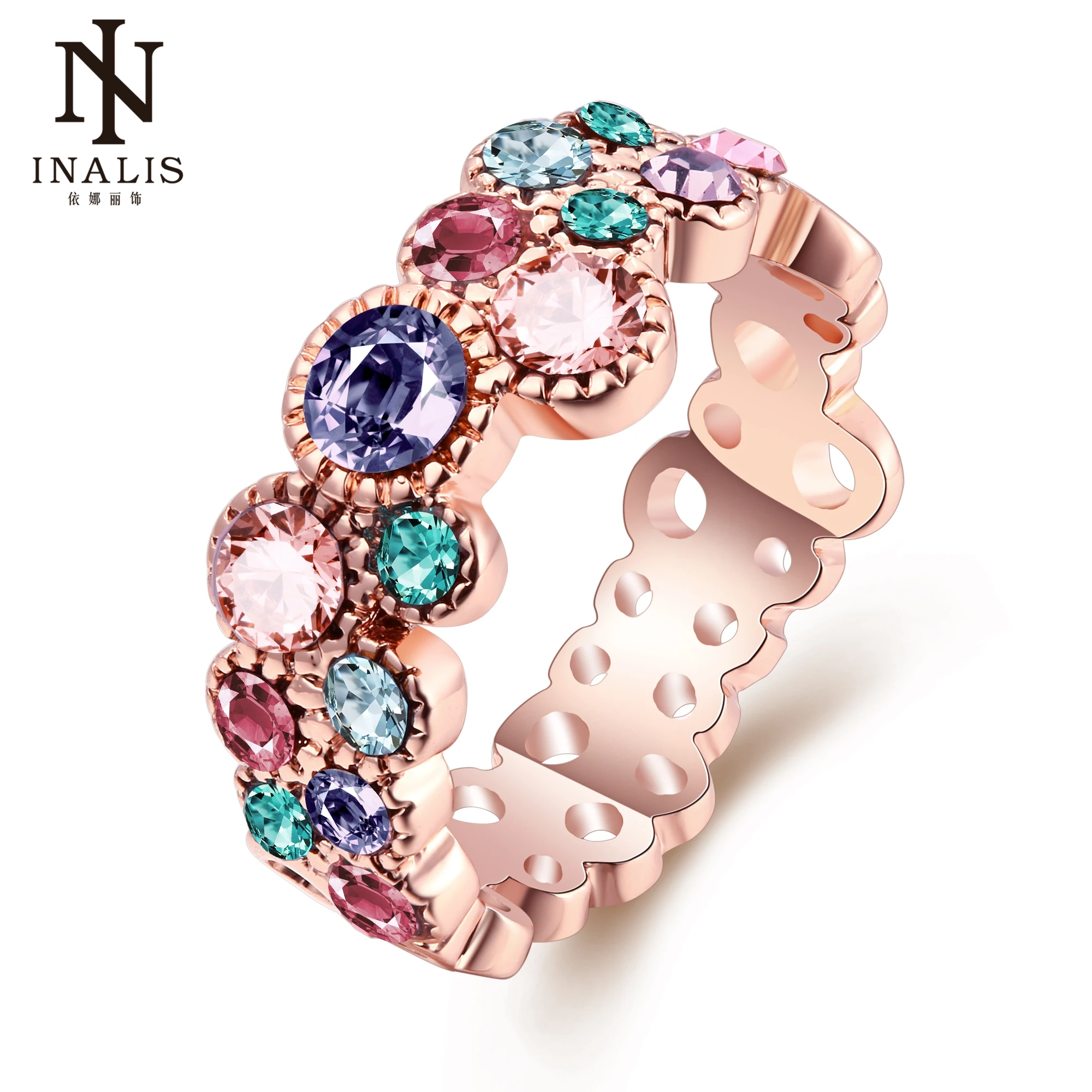

INALIS Unique Design Rose Gold Color Ring for Female Wedding with AAA Colorful Cubic Zircon Bijouterie