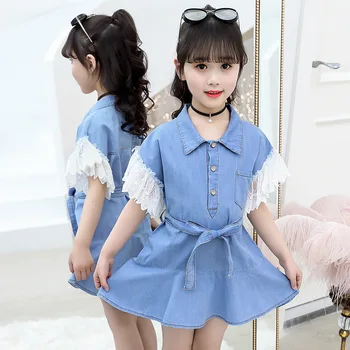 

2019 Girls Summer Dress Lace Sleeve Kids Denim Dress Casual Style Dress Children Teenage Kids Girls Clothes 6 8 10 12 13 14 Year