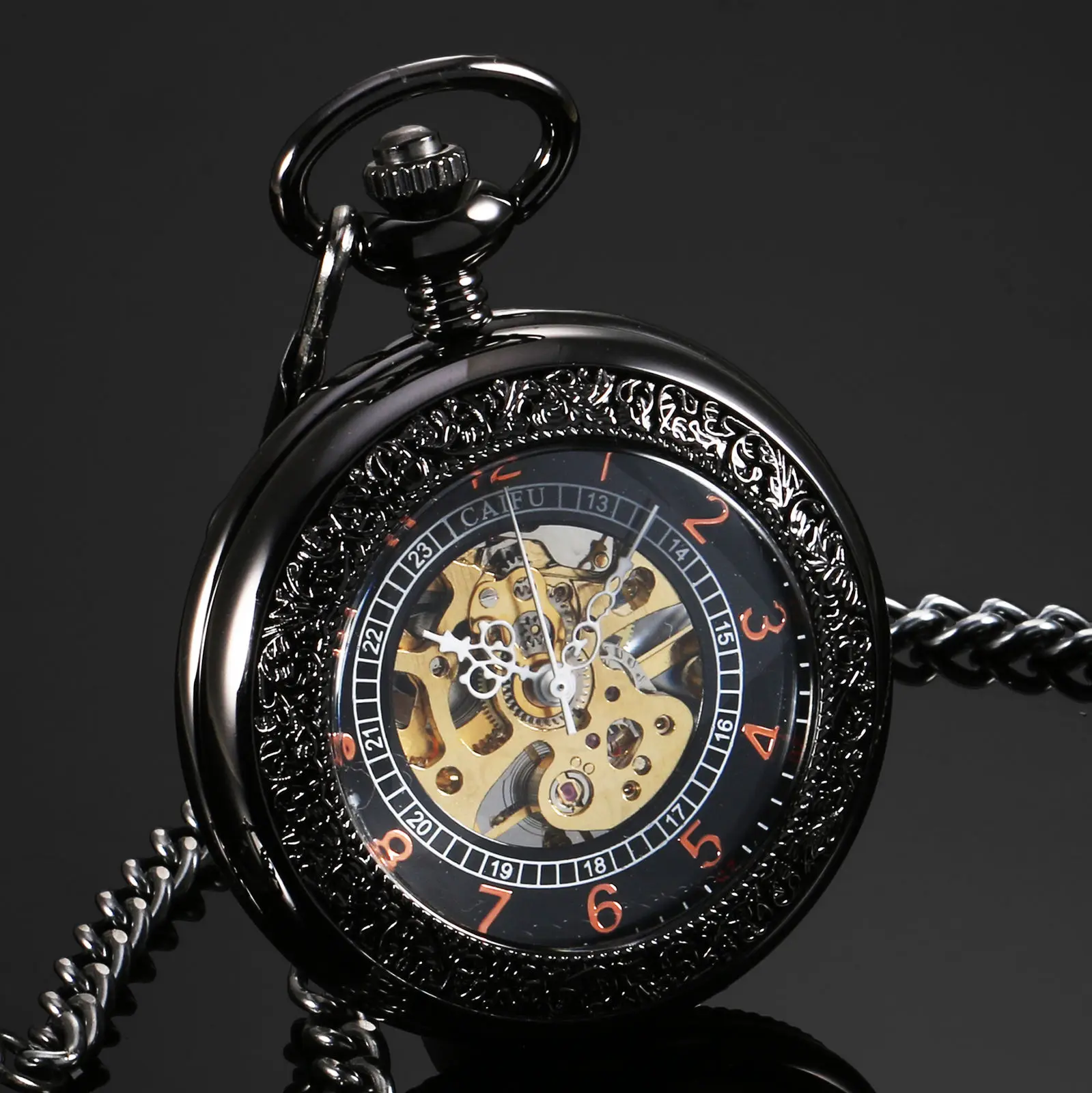 New Arrival CAIFU Brand Black See Through Mechanical Mens Pocket Watch Black Dial Arabic Number