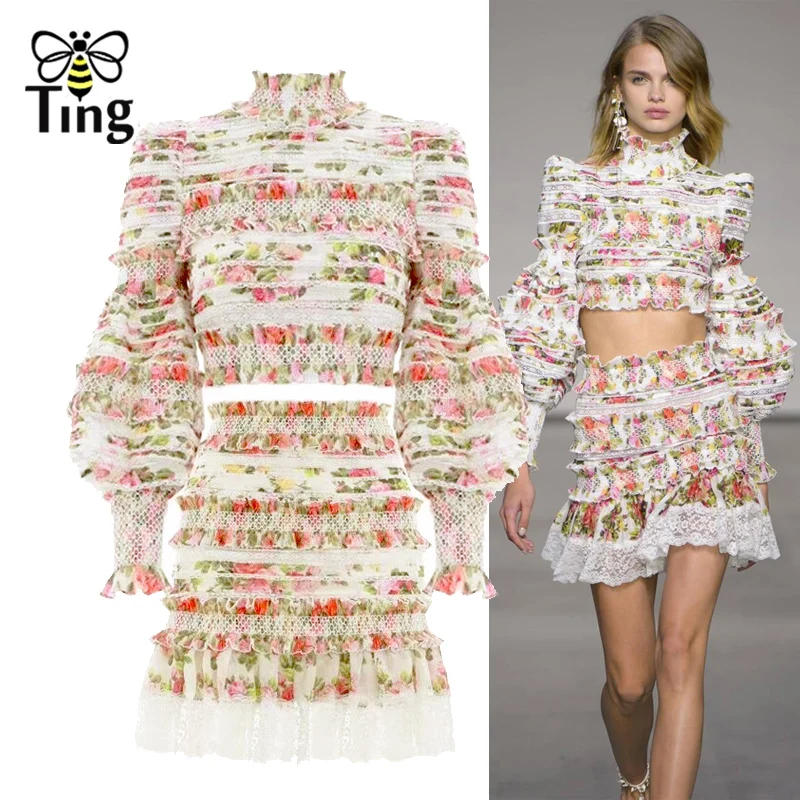 

Tingfly Designer Runway Women Two Pieces Sets Floral Ruched Ruffles Crop Top & Lace Patchwork Mini Skirt Casual Women Sets Chic