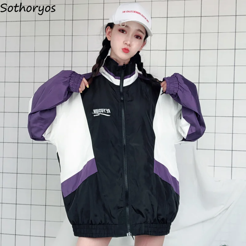 Женские куртки с буквенным принтом и стоячим воротником, Свободные корейские стильные куртки в стиле Харадзюку, Женская Лоскутная куртка в стиле хип-хоп для студентов