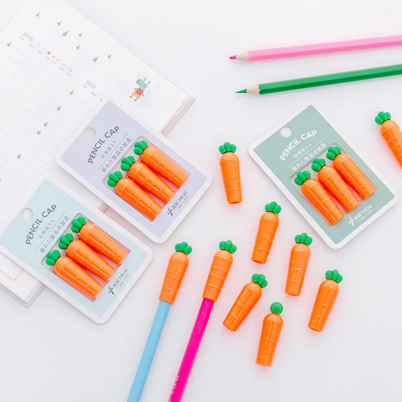 

3 Pcs/pack Kawaii Vegetable Carrot Shape Pen Pencil Cap Stationery Plastic Pencil Grip For Kids Gift Pencil Caps Hats Supplies