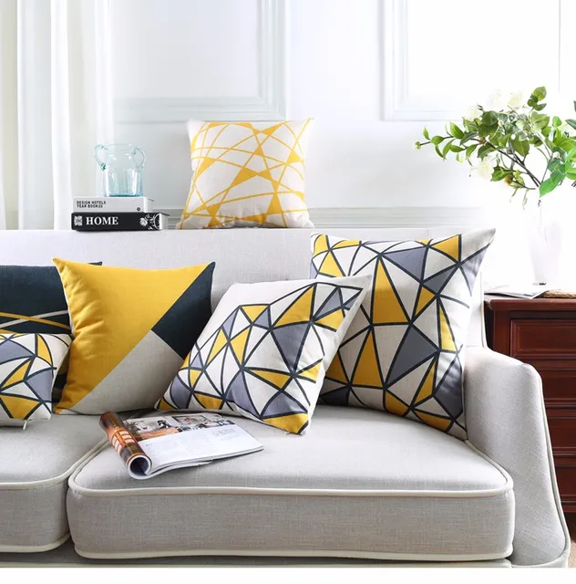 Yellow Geometric Decorative Cotton Linen Cushion Cover Grey Grid Yellow Geometric Decorative Cotton Linen Cushion Cover Grey Grid Printed Sofa Throw Pillow Car Chair Home