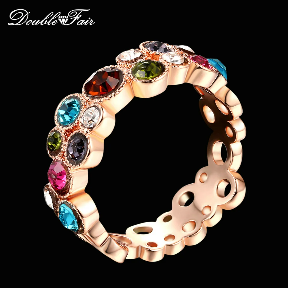 Double Fair Colorful Austrilian Crystal Finger Rings Rose Gold Color Fashion Brand Vintage Wedding Jewelry For Women DFR028