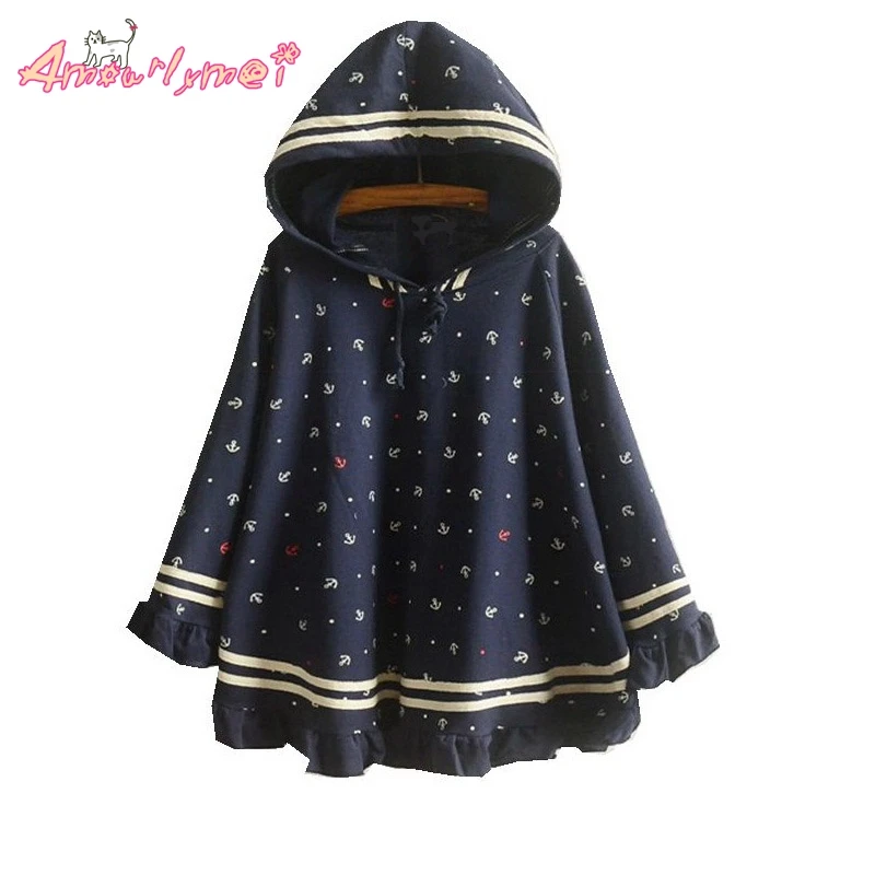

2018 Spring New Women Jacket Japanese Style Mori Girl Cute Ruffles Hem Print Loose Cotton Casual Hooded Cloak Outerwear Coat