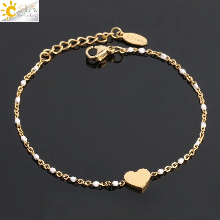 CSJA Gold-color Stainless Steel Chain Link Bracelets for Lover Girlfriend Love Heart Charms Bracelet Femme Fashion Jewelry S412 - Image 5
