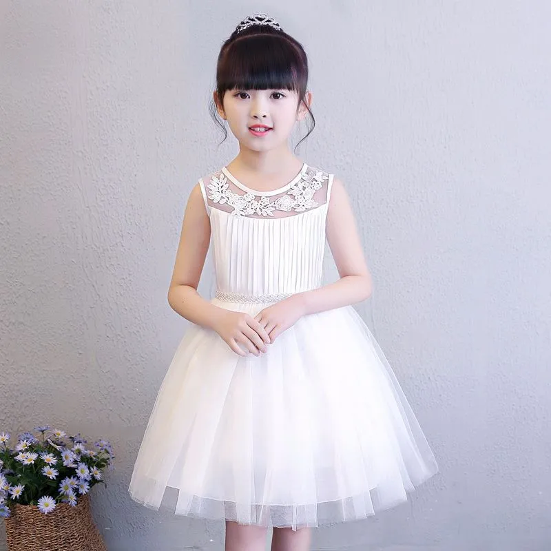 

European Style Girl Mesh Dress Summer O-Neck Children Sleeveless Clothing Princess Solid Design 8 Years Girl Vest Clothes