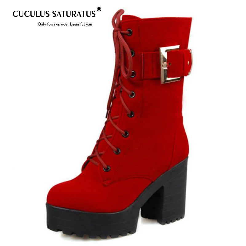 

Cuculus 2019 Women Half Short Boots Winter Buckle Shoes Lace Up Martin Shoes Woman High Heel Shoes Snow Boots Ladies Shoes 1201