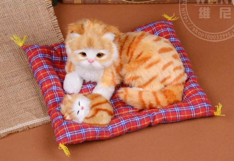 

simulation yellow cat model ,25x12cm mother&child cats with mat ,plastic&furs sounds miaow toy handicraft, Xmas gift w5715