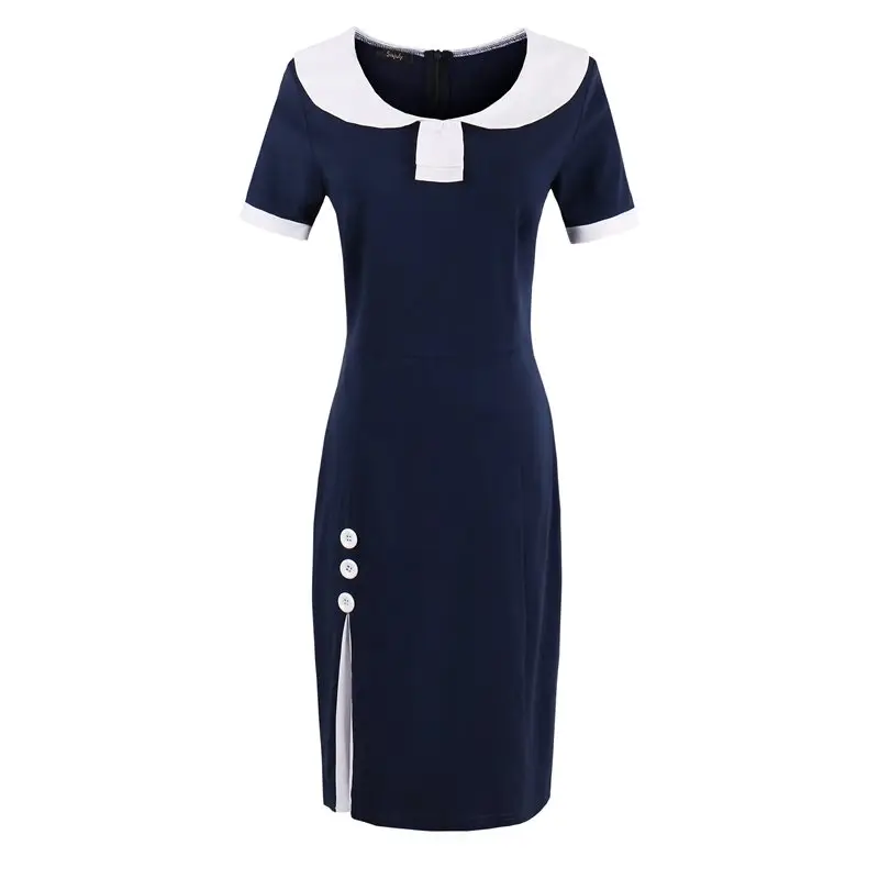 

Office Elegant Brand Vintage Bodycon Dress Women Sexy Slim Blue Short Sleeve Simple Fashion Summer Female Casual Retro Dresses