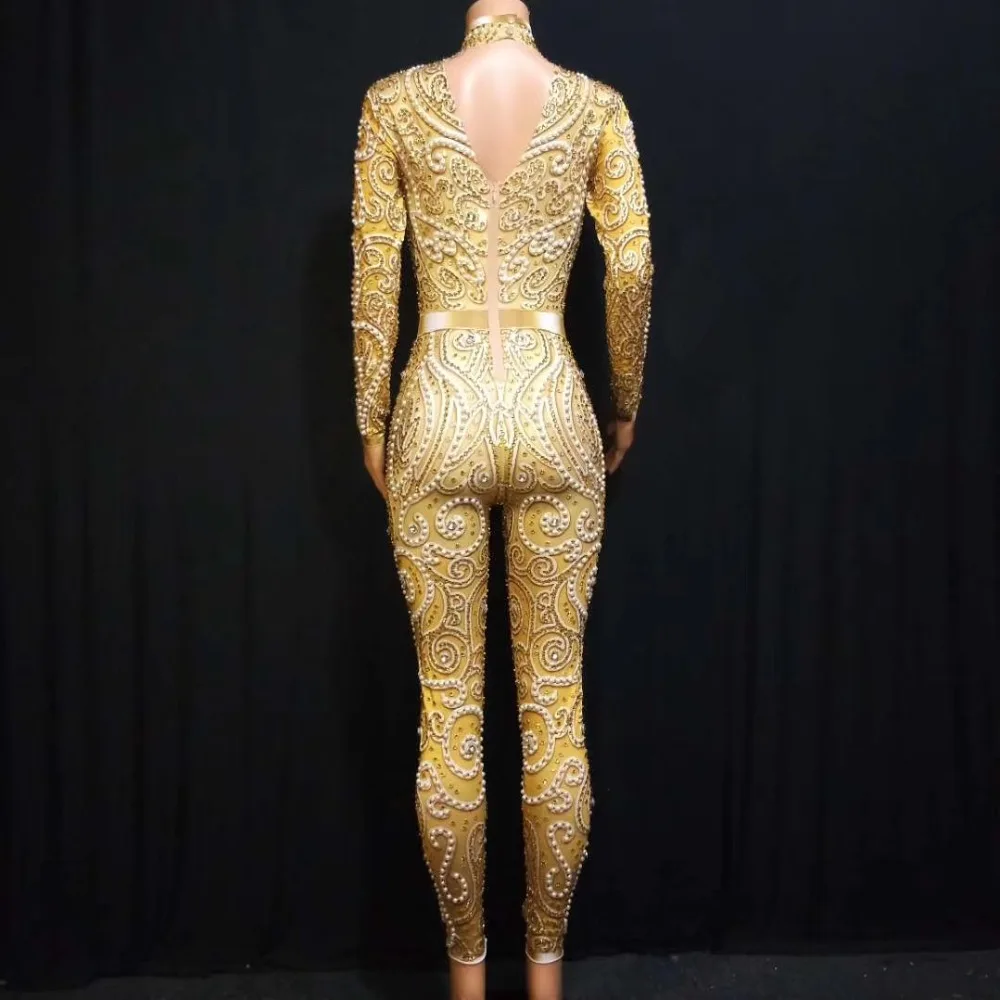 DJ Female Singer Dancer Costume Rhinestones Gold ColorJumpsuit One-piece Bodysuit Nightclub Oufit Party Rompers DJ1010