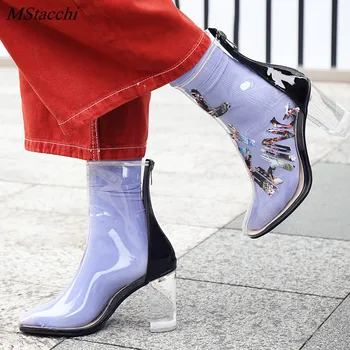 

MStacchi New Arrival Transparent High Heel Ankle Boots Women Jelly Crystal Pointed Toe Boots Chic Graffiti Slip On Mujer Boots