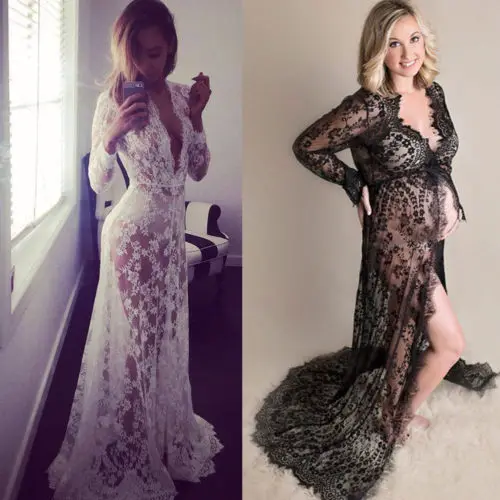 Robe de maternité Maxi en dentelle | Accessoires de photographie pour femmes enceintes, style fantaisie, vêtements de maternité, noir et blanc, tendance printemps été