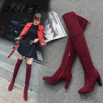 

RLINF Stretch New Wild Skinny Legs Over The Knee Suede High Heel Women's Boots