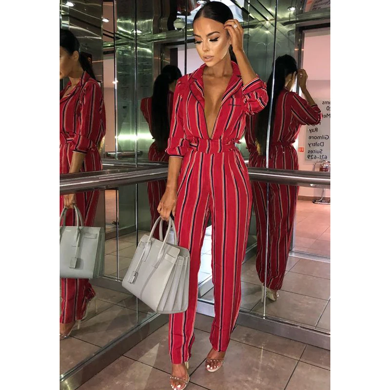 Fashion striped printed jumpsuits for women 2018 Half sleeve turn down collar long rompers womens jumpsuit Autumn new overalls