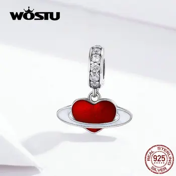 

WOSTU Heart Planet Dangle Charm 925 Sterling Silver Red Enamel CZ Beads Fit Original Bracelet Charms For Jewelry Making FIC1165
