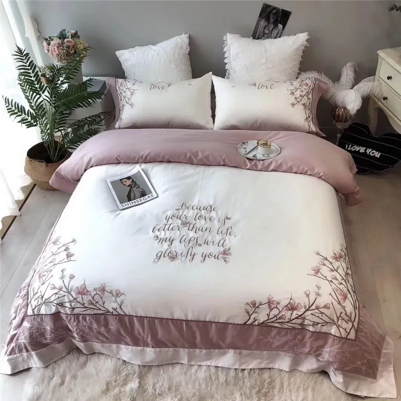 

Elegant Flowers Luxury Embroidery Egyptian Cotton Bedding Set Duvet Cover Bed sheet Pillowcases 4pcs King Queen Size