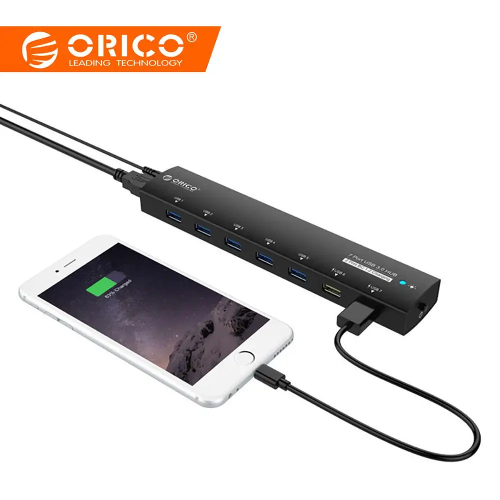 

ORICO USB 3.0 HUB 5Gbps 7 Ports Super Speed Power Adapter Splitter 2 BC1.2 Charging Port for Desktop Windows XP Vista Linux