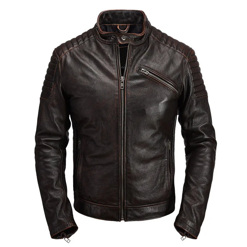 

2019 Retro Brown Men Slim Fit Biker's Leather Jacket Plus Size 4XL Genuine Cowhide Spring Motorcycle Leather Coat FREE SHIPPING