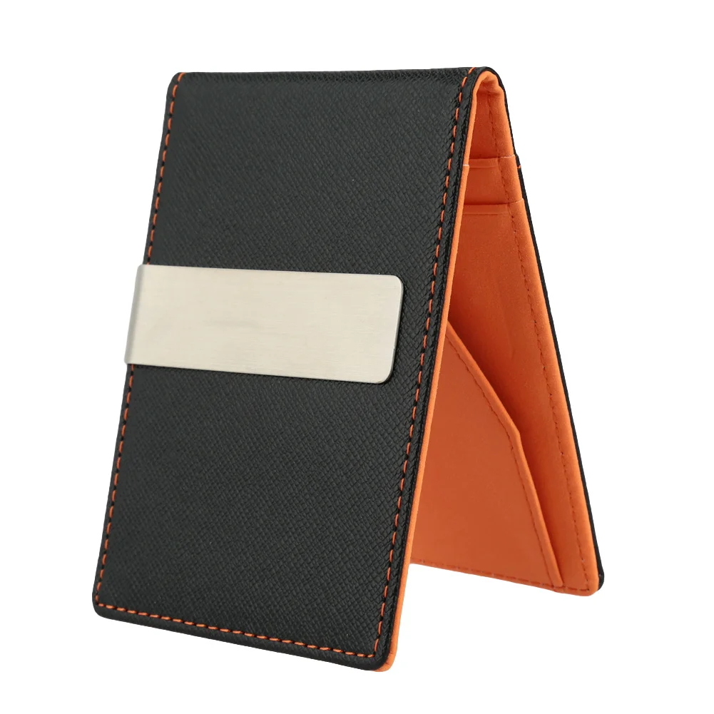  New Fashion Faux Leather Wallet Men Fluorescence Orange Money Clip Slim Holder Portefeuille Femme for Card Cash Money Business 
