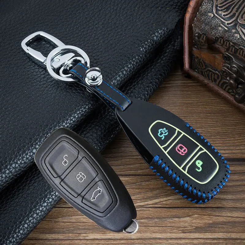 Новые 3 кнопки ручного шитья световой кожаный чехол для автомобильных ключей, чехол-Крышка для Ford Focus 3 MK3 беспроводной видеорегистратор Mondeo Fiesta Kuga ESCAPE Ecosport 2013 Smart - Название цвета: B-Blue