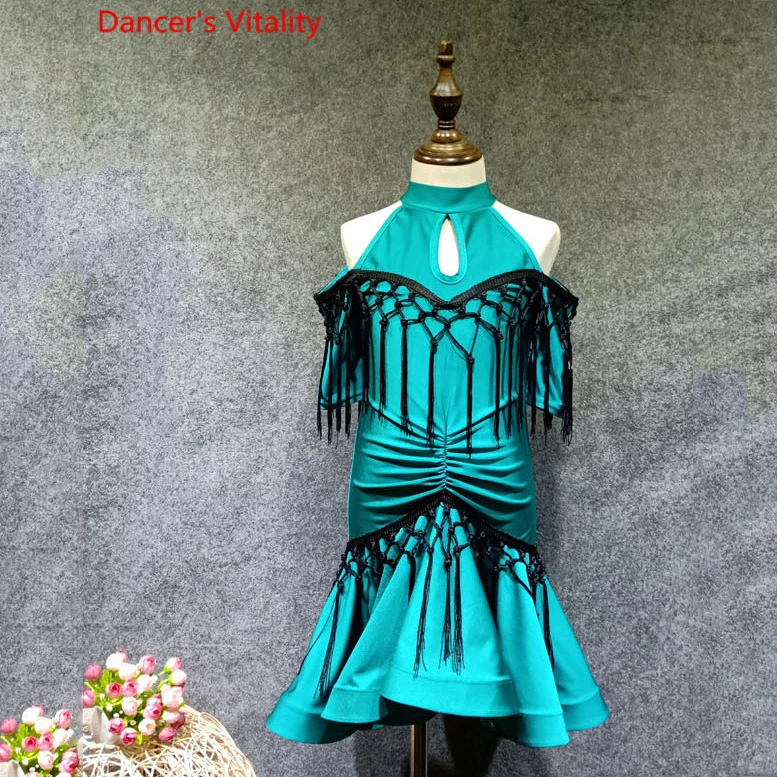

Professional Latin Dance Dress Short-Sleeved Tassel Fishbone Dresses Ballroom Salsa Samba Dress Lady's Performance Costumes