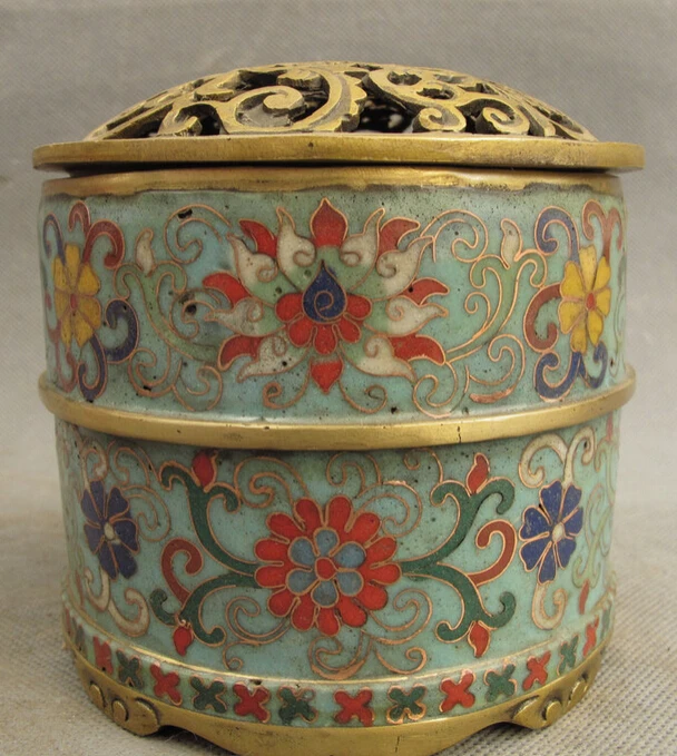 

S5349 Tibet Cloisonne Enamel Bronze Gilt Flower Statue Round Shape Box Incense Burner D0318