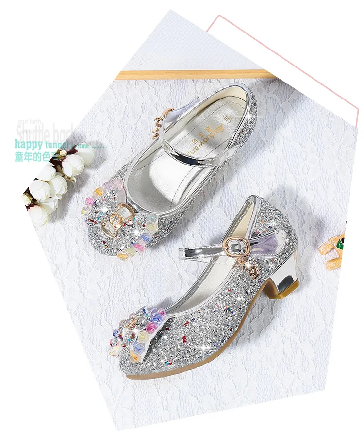 ULKNN Princess Kids Leather Shoes For Girls Flower Casual Glitter Children High Heel Girls Shoes Butterfly Knot Blue Pink Silver