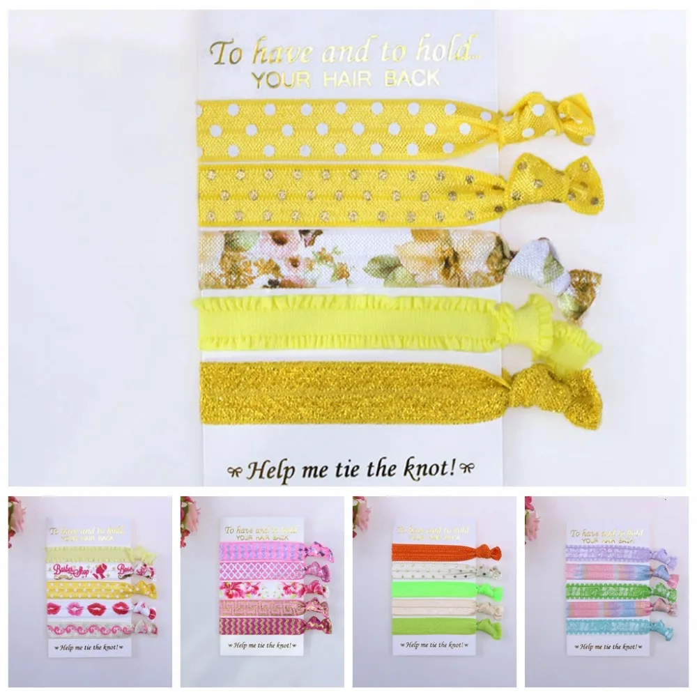 

5 pcs per set 50 pcs per lot (10 sets) FOE fold over elastic hair ties with boutique card, welcome custom printed