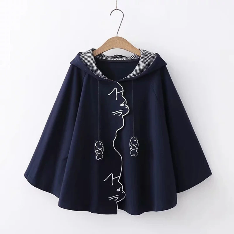 

Women Japanese Style Mori Girl Cute Hooded Cloak Coat Cartoon Fish Embroidered Cat Ear Loose Kawaii Hoodies Cape Outerwear