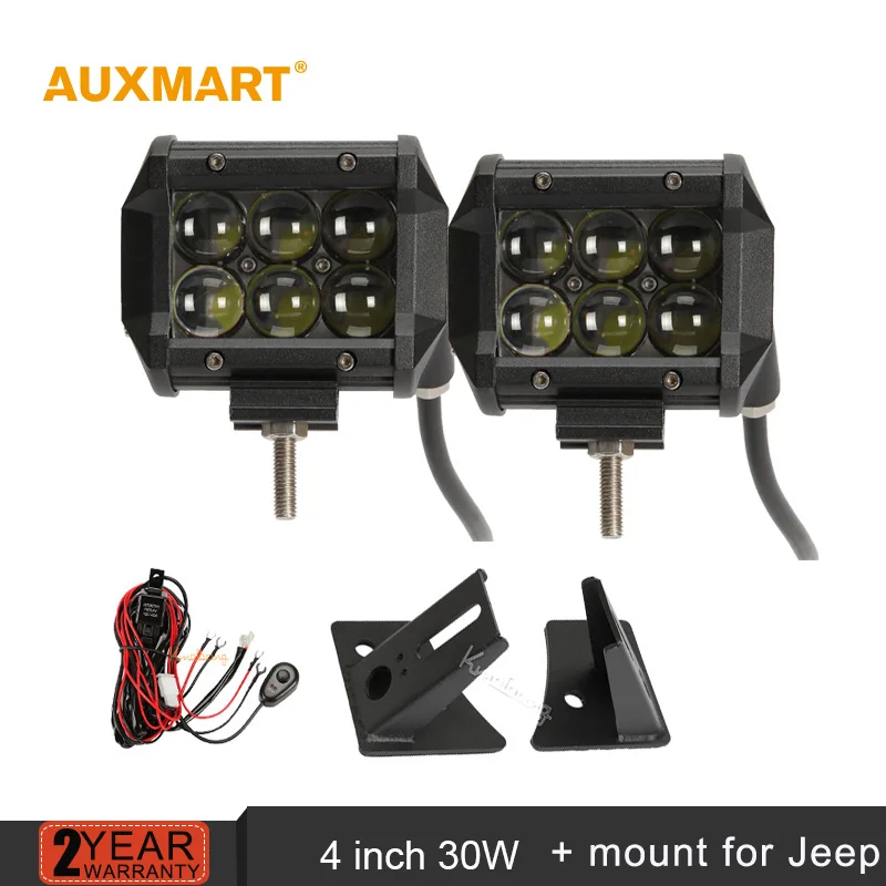 

Auxmart cree chips 4"30W spot beam LED Driving Headlight +2pcs mounts brackets LED Light Bar set for Jeep Wrangler JK 2007~2015